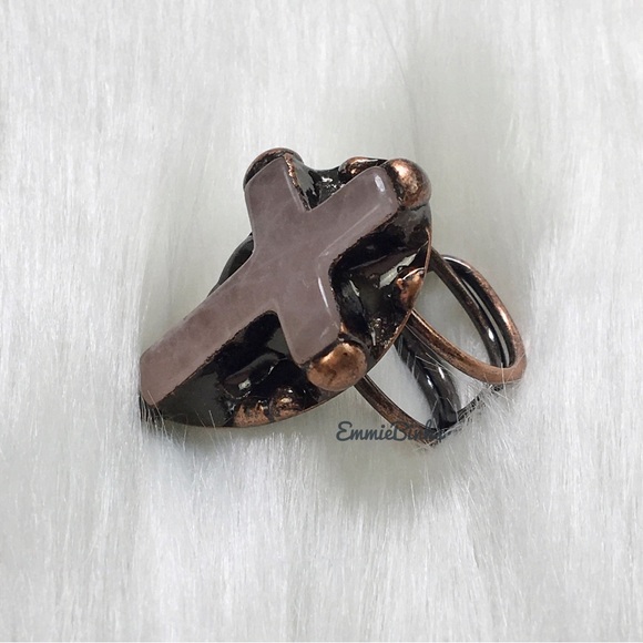 New Genuine Rose Quartz & Copper Cross Statement Ring - Picture 6 of 16